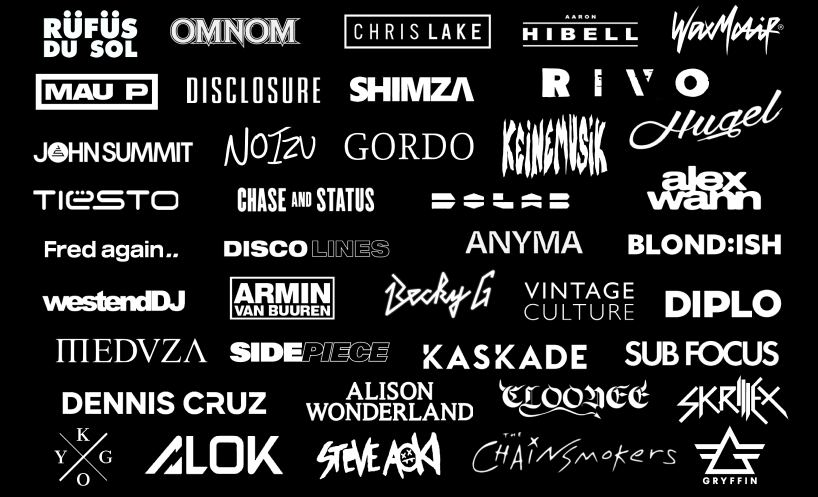 A wall of artist logos including Rüfüs du Sol, Tiësto, Fred again, Skrillex, Armin van Buuren, Diplo, Kaskade, MEDUZA, John Summit and The Chainsmokers