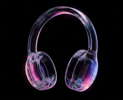 Clear glass DJ headphones with iridescent pink, violet, and blue light refractions floating on black