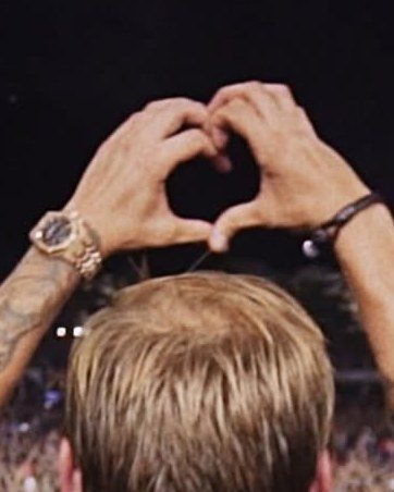 A fan holding their hands up in a heart above the crowd, from the Avicii Community tribute post